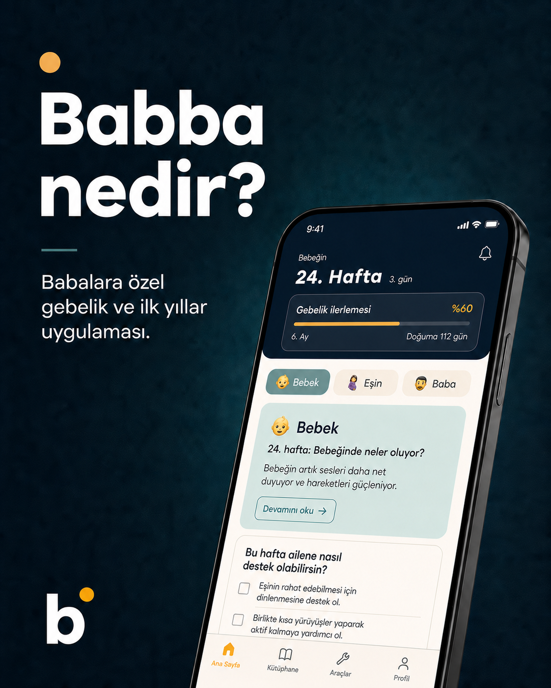 Babba uygulamasının 24. hafta ana ekranını gösteren telefon görseli