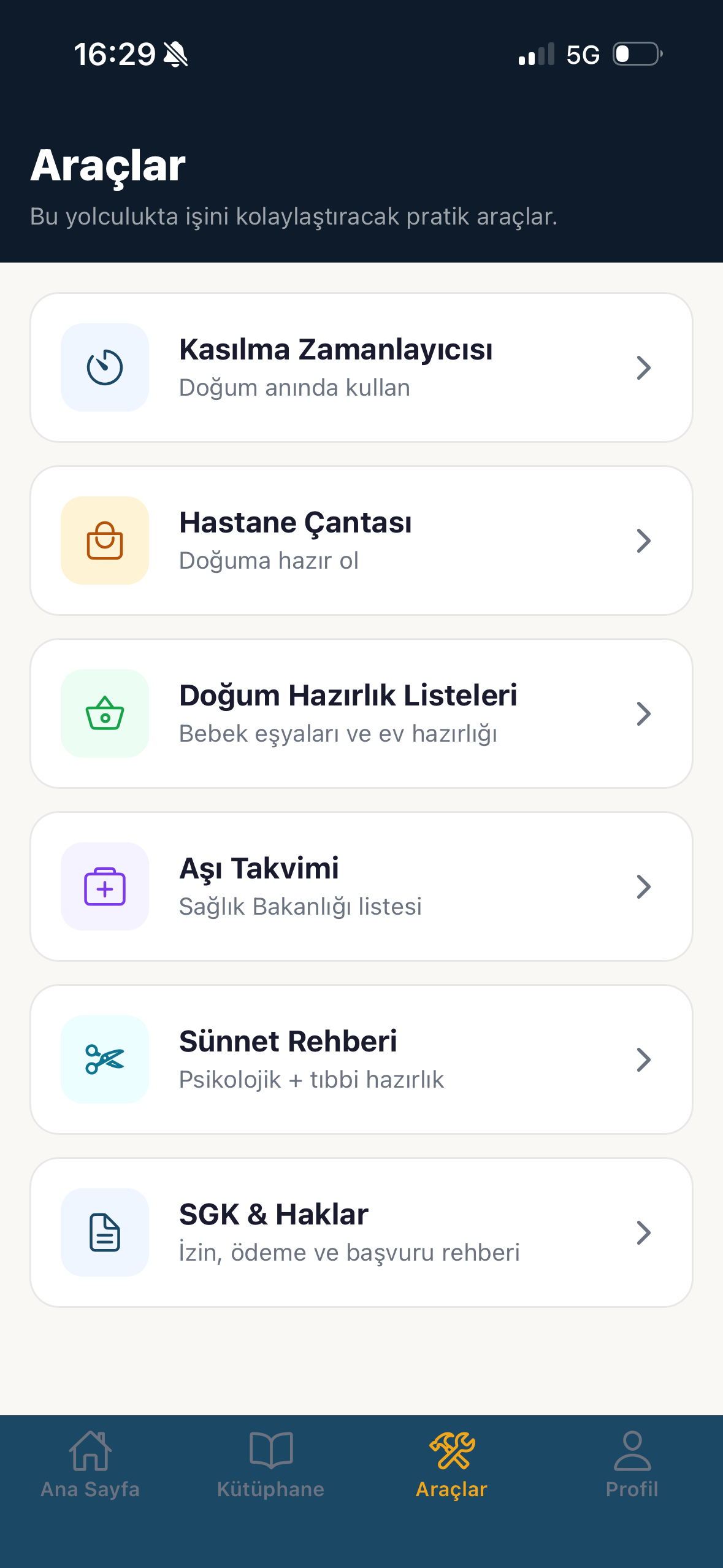 Babba uygulamasındaki kasılma zamanlayıcısı, hastane çantası, hazırlık listeleri, aşı takvimi ve SGK araçları